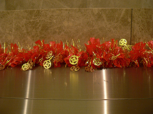 Detail of Chinese New Year decoration in a residential building lobby, 6 February 2005