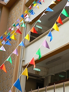 Colourful flags outside a school, Hollywood Road, Hong Kong Island, 5 March 2005