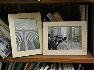 Photographs of the World Trade Centre site on a bookshelf, HKU, Pokfulam, 22 April 2005