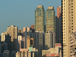 Light and shadow on buildings, Causeway Bay, Hong Kong Island, 22 May 2005