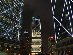 Bank of China tower (right), with illuminations reflected in the Cheung Kong Center (left) and the AIG Tower (centre), Garden Road, Central, 10 June 2005