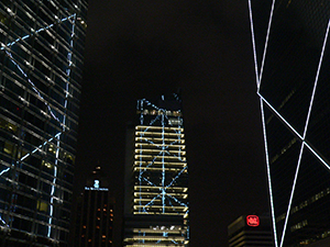 Bank of China tower (right), with illuminations reflected in the Cheung Kong Center (left) and the AIG Tower (centre), Garden Road, Central, 10 June 2005