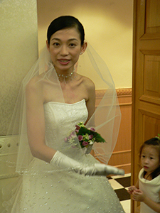 Sonia Au in her wedding dress, at the Marriage Registry, Hong Kong Park, 29 June 2005