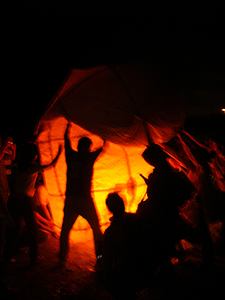 A large sky lantern is prepared for flight at Sheung Wo Hang Village, north-eastern New Territories, 18 September 2005