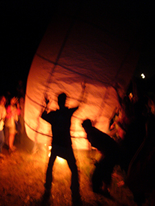 A large sky lantern is prepared for flight at Sheung Wo Hang Village, north-eastern New Territories, 18 September 2005