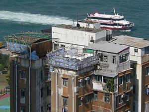 Victoria harbour with a jetfoil, viewed from Sheung Wan, Hong Kong Island, 23 December 2006