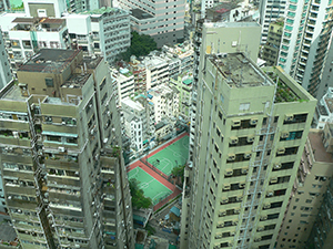 A sports ground surrounded by buildings, Sheung Wan, Hong Kong Island, 18 July 2007