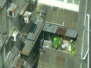 Old building with potted plants placed outside a window, Sheung Wan, Hong Kong Island, 18 July 2007