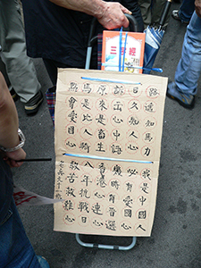 Protestor in the annual pro-democracy march with message on a trolley, 1 July 2007
