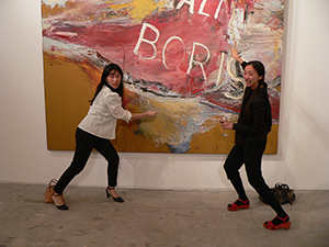 Artists Yuk King Tan (left) and Amy Cheung (right) at the opening of an exhibition of Julian Schnabel's work, Taikoo Place, Quarry Bay, 6 November 2007