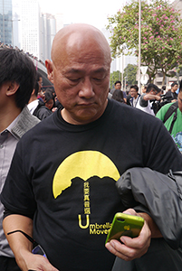 Albert Chan at the Admiralty Umbrella Movement occupation site on its final day, Harcourt Road, 11 December 2014