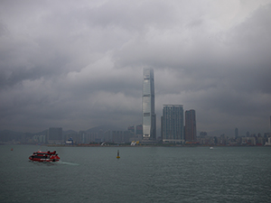 Victoria Harbour and International Commerce Centre, cloudy day, 2 March 2010