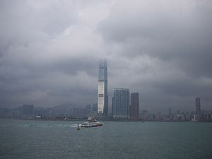 Victoria Harbour and International Commerce Centre, cloudy day, 2 March 2010