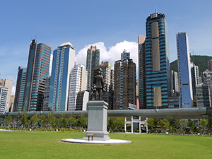 Statue of Sun Yat Sen facing buildings of Sheung Wan, Sun Yat Sen Memorial Park, 3 July 2010