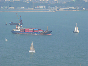 Sailboats and container ship, viewed from Sheung Wan, 21 November 2004
