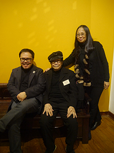 Artists Hon Chi-fun (seated centre) and Choi Yan-chi, with designer Freeman Lau (seated left), at the opening of an exhibition of Hon's work at the University Museum and Art Gallery, University of Hong Kong, 15 January 2013