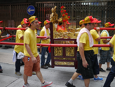 Procession with religious figurine being carried in a chair, Ko Shing Street, Sheung Wan, 20 September 2013