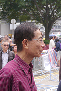 Martin Lee at the Admiralty Umbrella Movement occupation site on its final day, Harcourt Road, 11 December 2014