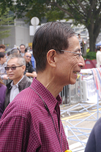 Martin Lee at the Admiralty Umbrella Movement occupation site on its final day, Harcourt Road, 11 December 2014