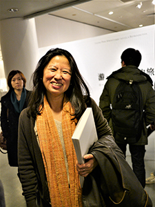 Publisher Mary Chan, at the opening of a memorial exhibition for Leung Ping-kwan in the basement of the Central Library, Causeway Bay, 9 January 2014
