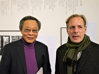 Leo Lee (left) and Gerard Henry (right) at the opening of a memorial exhibition for Leung Ping-kwan in the basement of the Central Library, Causeway Bay, 9 January 2014
