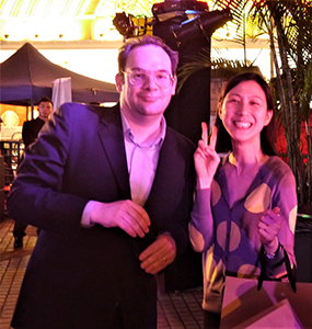 Curators Tobias Berger and Lesley Ma, at the Mobile M+ 'Neon Signs. HK' project opening, Kowloon, 20 March 2014