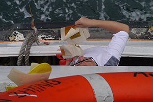 Casting paper offerings on the water whilst on a boat to Joss House Bay on the birthday of Tin Hau, 22 April 2014