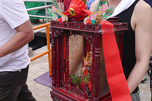 Moving a portable shrine and image for the birthday of Tin Hau, Joss House Bay, 22 April 2014