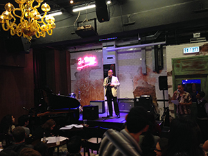 Peter Kennedy reading his poetry at OutLoud, Fringe Club, Central, 2 April 2014