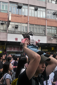 Participant in the annual pro-democracy march with toy wolf, Causeway Bay, 1 July 2014