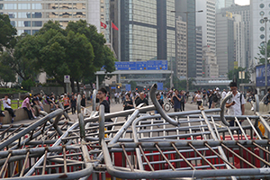 Barricade of crowd control barriers at the Umbrella Movement occupation site, Connaught Road Central, 30 September 2014