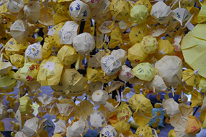 Umbrella installation at the Admiralty Umbrella Movement occupation site, Harcourt Road, 14 October 2014