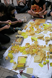 Preparing paper umbrellas at the Admiralty Umbrella Movement occupation site, Harcourt Road, 14 October 2014