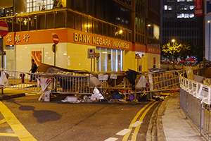 Barricade at the Admiralty Umbrella Movement occupation site, Tamar Street, 20 October 2014