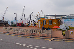 Banners and a tent at the Umbrella Movement occupation site, Legislative Council Road, Admiralty, 25 October 2014