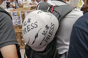 Press at the Mongkok Umbrella Movement occupation site, Nathan Road, 26 October 2014