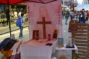 Makeshift Christian altar at the Mongkok Umbrella Movement occupation site, Nathan Road, 26 October 2014