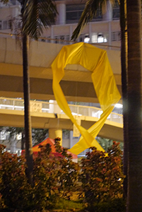 Giant yellow ribbon at the Admiralty Umbrella Movement occupation site, Gloucester Road, 31 October 2014