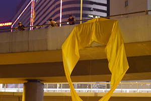 Giant yellow ribbon at the Admiralty Umbrella Movement occupation site, Gloucester Road, 31 October 2014