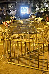 Barricade at the Admiralty Umbrella Movement occupation site, Lung Wui Road, 31 October 2014