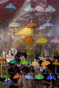 Paper umbrellas at the Causeway Bay Umbrella Movement occupation site, Yee Wo Street, 27 October 2014