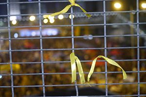 Yellow ribbons on a fence at Admiralty Umbrella Movement occupation site, Harcourt Road, 1 October 2014
