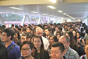 Crowd on a footbridge, Wanchai, 3 October 2014
