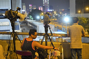 Press at the Admiralty Umbrella Movement occupation site, Harcourt Road, 5 October 2014