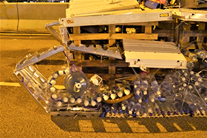 Detail of a 'tank' at the Admiralty Umbrella Movement occupation site, Harcourt Road, 30 November 2014
