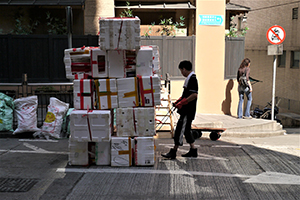 Foam boxes on the street, Graham Street, Central, 15 November 2014