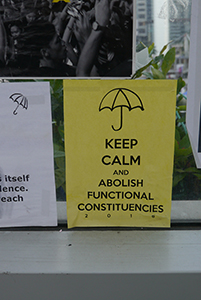 Posters at the Admiralty Umbrella Movement occupation site, on a footbridge above Harcourt Road, 15 November 2014