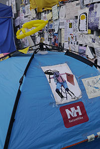 Posters and tent at the Admiralty Umbrella Movement occupation site, Harcourt Road, 15 November 2014