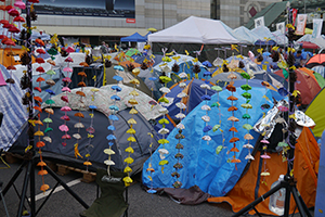 Paper umbrellas and tents at the Admiralty Umbrella Movement occupation site, Harcourt Road, 15 November 2014