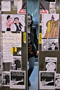 Posters on lift doors, Admiralty Umbrella Movement occupation site, Harcourt Road, 19 November 2014